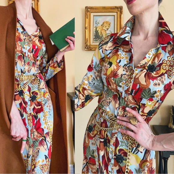 ZARA Blue Silky Satin Floral Printed Long Sleeve Button Down Midi Shirt Dress - Picture 1 of 17